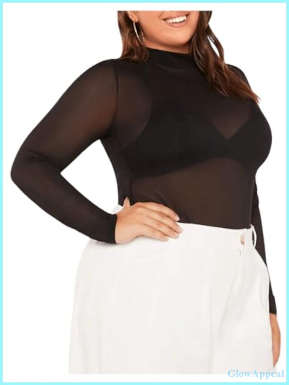 Plus Size Sheer Mesh Mock Neck Long Sleeve Top Slim Fit